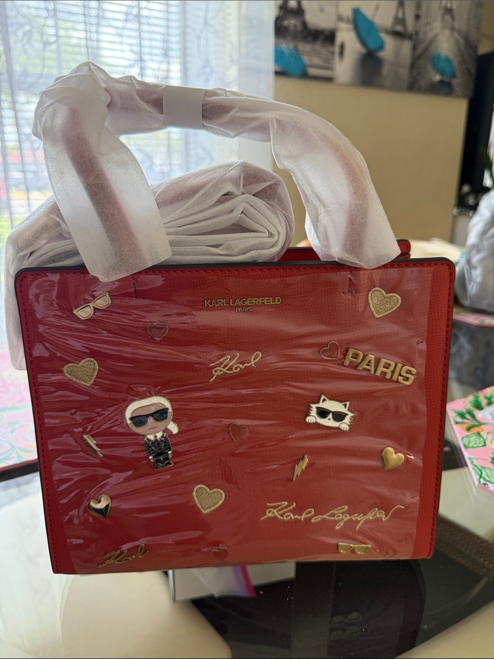 Karl Lagerfeld Red Satchel with Gold Paris & Patch Accents